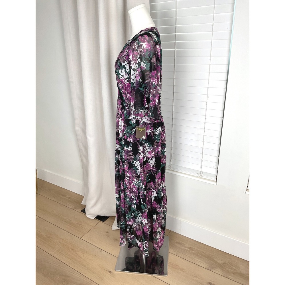 Taylor Floral Maxi Dress Purple Black Flutter Sleeve Smocked Waist Size 12 NEW - Picture 5 of 14